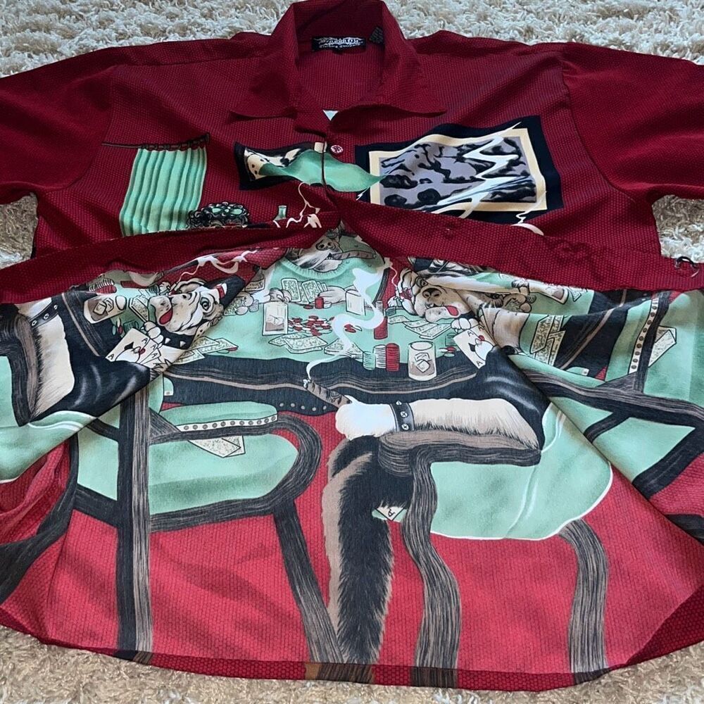 Dragonfly Mens Short Sleeve Button Down Shirt Poker Dogs Card Party XL - Picture 14 of 15